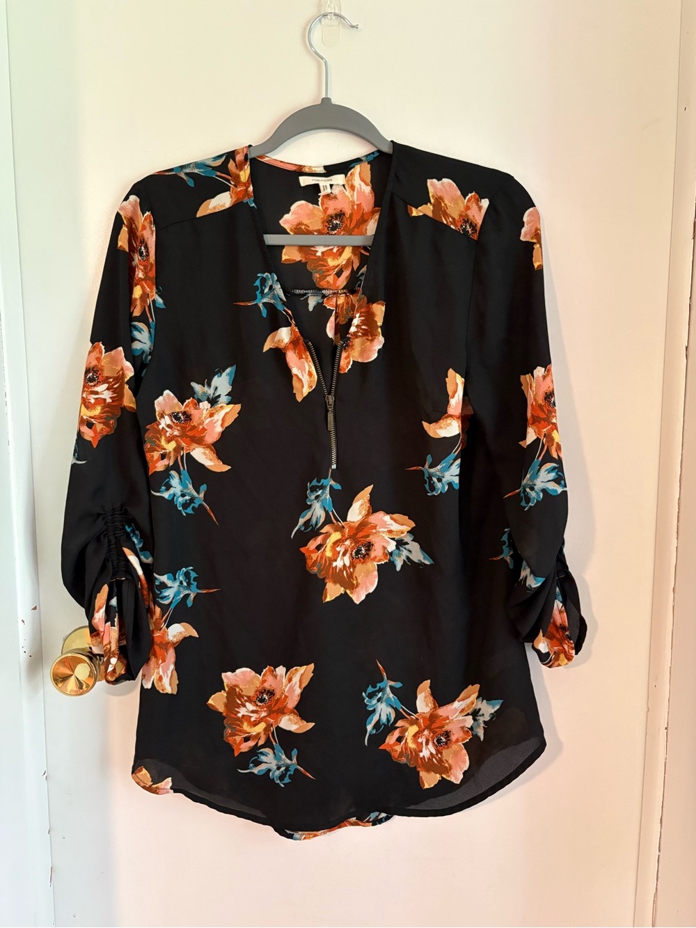 Maurices Black Blouse with Orange and Teal Floral Print